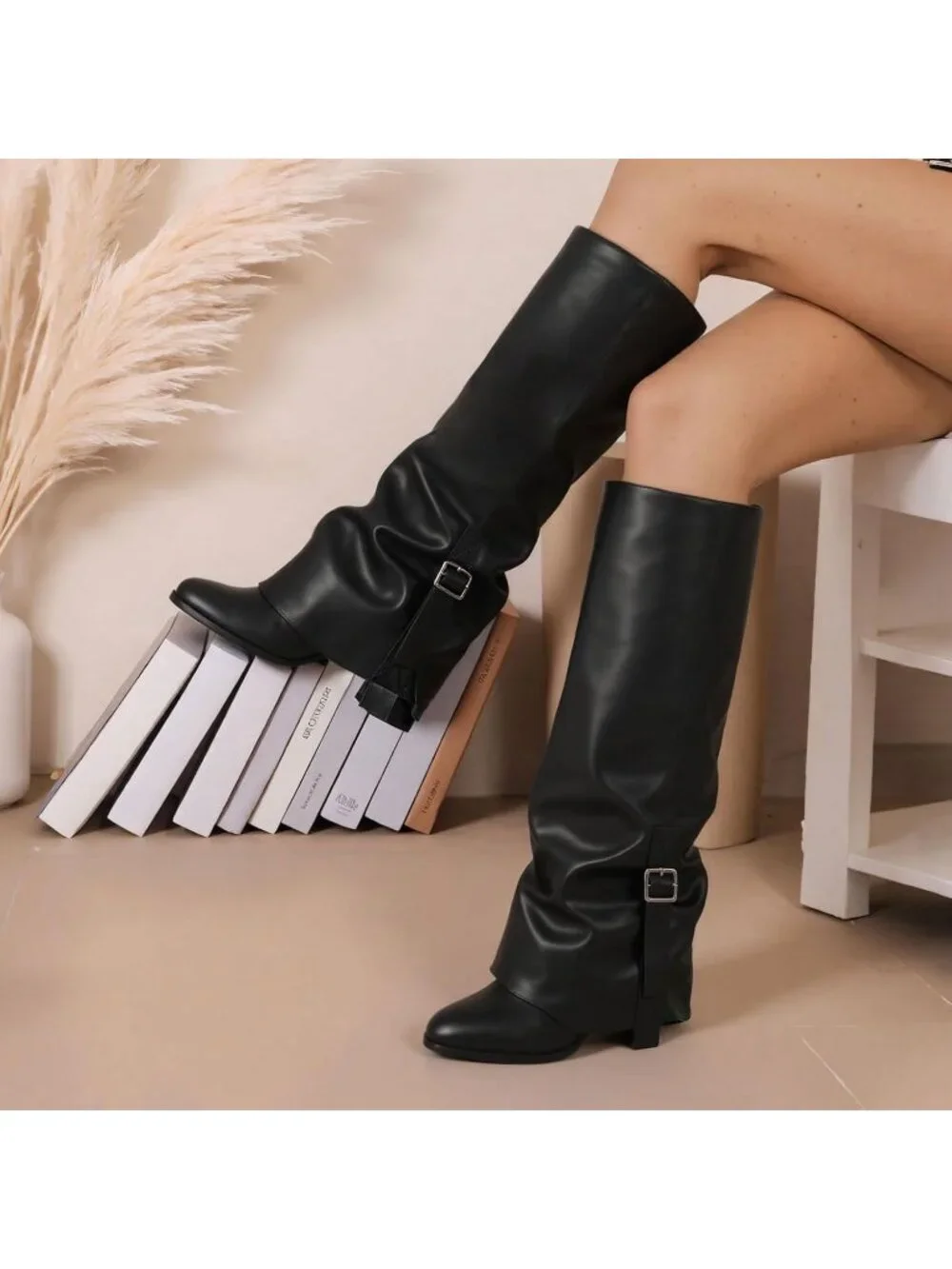 Women's Black Pu Round Toe Chunky Heel Faux Leather Slouch Knee High Boots